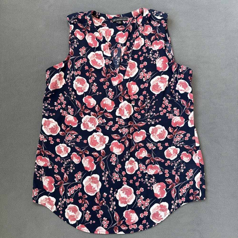 Adrianna Papell Top Womens Medium Blue Pink Floral Sleeveless Preppy Blouse‎